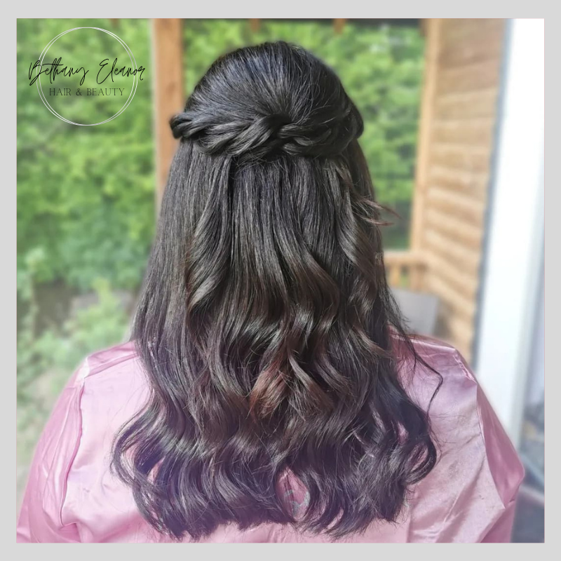 Stunning half plait and half up hair style with curled romantic tendrils of hair by Bethany Eleanor Hair & Beauty